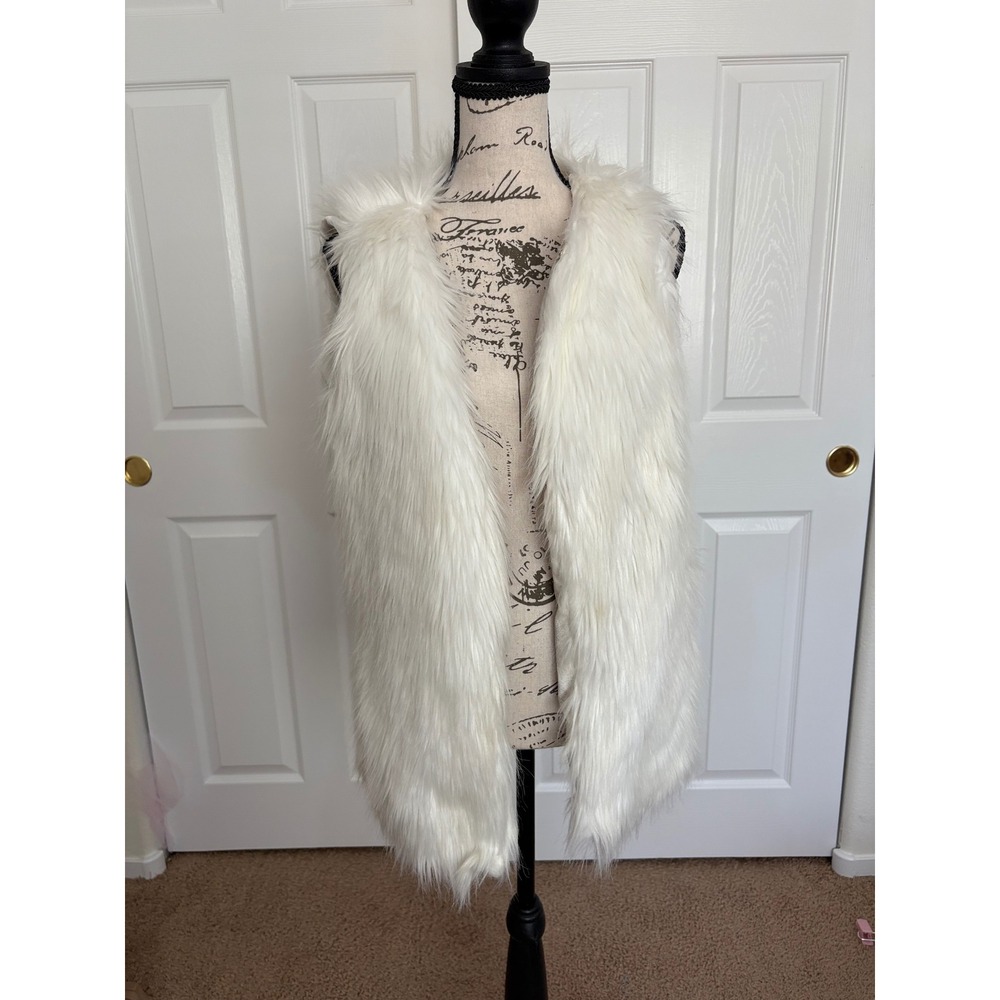 Miss London Black Label White Faux Fur Vest Vintage Sleeveless Shaggy Jacket M